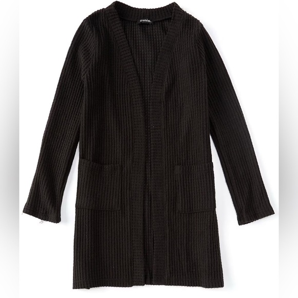 Zunie Girls Long-Sleeve Waffle-Knit Open Cardigan Sweater in Black, Size 12 - Picture 1 of 7